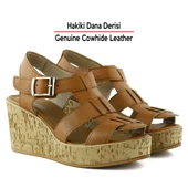 Erkan Saçmacı Xena Taba Hakiki Dana Derisi Mantar Taban Görünümlü Dolgu Topuklu Gladyatör Sandalet - 3