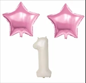 1 YAŞ BEJ RENK FOLYO BALON, 2 ADET PEMBE YILDIZ FOLYO BALON - 1