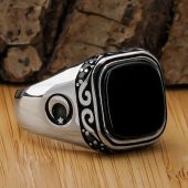 Siyah Oniks Taşlı Ayyıldız Tasarımlı Gümüş Erkek Yüzük thumbnail 1