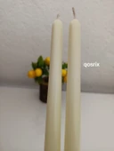qosrix 2'li Açık Krem Şamdan Soya Mumu 1. Kalite Soya Doğal Pudra Kokulu Uzun Çubuk Konik Mum Dekoratif - 2