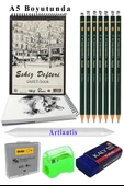 A5 120 gr Eskiz Defteri Telli 7 Adet Dereceli Kalem Çizim Seti Pastel Dağıtma Silgi Karakalem Eskiz Seti Kalemtraş thumbnail 1