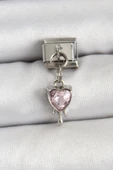 316L Çelik Gümüş Renk Pembe Kalp Model Nomination Charm - 1