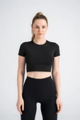 Kadın Siyah Crop T-Shirt Kısa Kollu, Bisiklet Yaka, Tüylenmez Kumaş Slim Fit - 1