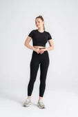 Kadın Siyah Crop T-Shirt Kısa Kollu, Bisiklet Yaka, Tüylenmez Kumaş Slim Fit - 6