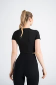 Kadın Siyah Crop T-Shirt Kısa Kollu, Bisiklet Yaka, Tüylenmez Kumaş Slim Fit - 2