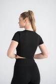 Kadın Siyah Crop T-Shirt Kısa Kollu, Bisiklet Yaka, Tüylenmez Kumaş Slim Fit - 4