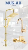 Gold Altın Kare Robot Duş Seti, Lavabo Ve Banyo Bataryası Musluğu Çeşmesi 3'lü Set - 1
