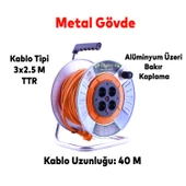 Metal Makaralı Seyyar 4 Prizli IP20 Uzatma Kablosu 3x2.5 mm CCA Kablo 40 Metre Termal Sigorta - 2