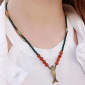 Balık Şekil Kolye Uçlu Doğal Taşlı Yeşil Renk El Yapımı Kadın Kolye (50 cm) - 2