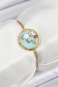 Zincir Turkuaz Mineli Sanatsal Portre İnci Detaylı Çiçek Model Gold Renk Kadın Bileklik - EBJ250628W35827 thumbnail 1