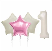 1 YAŞ BEJ RENK FOLYO BALON, 1 ADET PEMBE, 2 ADET BEJ YILDIZ FOLYO BALON - 1