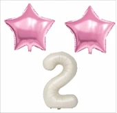 2 YAŞ BEJ RENK FOLYO BALON, 2 ADET PEMBE YILDIZ FOLYO BALON - 1