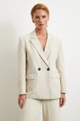 Çift Düğmeli Keten Blazer Ceket Krem - 4