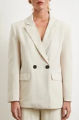 Çift Düğmeli Keten Blazer Ceket Krem - 5