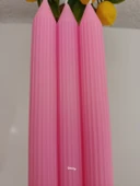 qosrix 3'lü Pudra Pembe Şamdan Soya Mumu 1. Kalite Doğal Pudra Kokulu Uzun Çubuk Konik Mum Dekoratif - 2