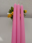 qosrix 3'lü Pudra Pembe Şamdan Soya Mumu 1. Kalite Doğal Pudra Kokulu Uzun Çubuk Konik Mum Dekoratif - 2