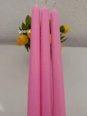 qosrix 3'lü Pudra Pembe Şamdan Soya Mumu 1. Kalite Doğal Pudra Kokulu Uzun Çubuk Konik Mum Dekoratif - 1