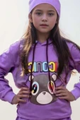 Kız Çocuk Ayıcık ve İconic Yazı Baskılı Kapüşonlu Sweatshirt Mor Eşofman Takım - 2