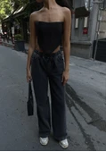 Arkadan Yırtmaçlı Jeans Kot Palazzo Pantolon - Siyah - 1
