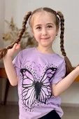 Kız Çocuk Kara Kalem Kelebek Baskılı Penye Lila T-Shirt Şortlu Takım thumbnail 2