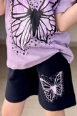 Kız Çocuk Kara Kalem Kelebek Baskılı Penye Lila T-Shirt Şortlu Takım thumbnail 3