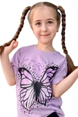 Kız Çocuk Kara Kalem Kelebek Baskılı Penye Lila T-Shirt Şortlu Takım thumbnail 5