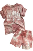 Kız Çocuk Florida Yazı Baskılı Penye T-Shirt Pudra Şortlu Takım thumbnail 12