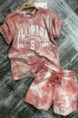 Kız Çocuk Florida Yazı Baskılı Penye T-Shirt Pudra Şortlu Takım thumbnail 2