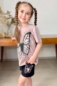Kız Çocuk Kara Kalem Kelebek Baskılı Penye Pudra T-Shirt Şortlu Takım thumbnail 7