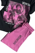Kız Çocuk Wednesday Baskı Figürlü ve Yazı Baskılı Penye T-Shirt Mor Şortlu Takım thumbnail 6