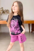 Kız Çocuk Wednesday Baskı Figürlü ve Yazı Baskılı Penye T-Shirt Mor Şortlu Takım thumbnail 3