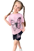 Kız Çocuk Kara Kalem Kelebek Baskılı Penye Pembe T-Shirt Şortlu Takım thumbnail 4