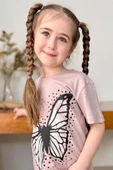 Kız Çocuk Kara Kalem Kelebek Baskılı Penye Pudra T-Shirt Şortlu Takım thumbnail 2