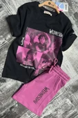 Kız Çocuk Wednesday Baskı Figürlü ve Yazı Baskılı Penye T-Shirt Mor Şortlu Takım thumbnail 1