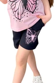 Kız Çocuk Kara Kalem Kelebek Baskılı Penye Pembe T-Shirt Şortlu Takım thumbnail 6