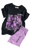 Kız Çocuk Wednesday Baskı Figürlü ve Yazı Baskılı Penye T-Shirt Lila Şortlu Takım thumbnail 4