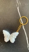 Sedefli Beyaz Renkli Kelebek Şekil 3D Kabartmalı Gold Halka Anahtarlık El Yapımı Epoksi Hediyelik - 2