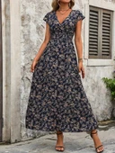 Kadın Kısa Kollu Kruvaze Yakalı çiçek Desenli Belden Lastikli Süprem Uzun Elbise - 4