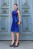 Kruvaze Yaka Payetli Midi Elbise 6031-Gece Mavisi - 6