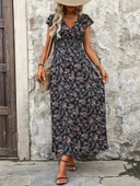 Kadın Kısa Kollu Kruvaze Yakalı çiçek Desenli Belden Lastikli Süprem Uzun Elbise - 3