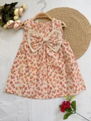 Çicekli Kız Bebek Ve Çocuk Fiyonklu Elbise - 4