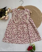 Çicekli Kız Bebek Ve Çocuk Fiyonklu Elbise - 5