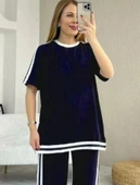 Kadın Kısa Kollu Bisiklet Yaka çift Renk şerit Detaylı Viskon Iki Iplik Bluz Ve Pantolon Ikili Takım - 2