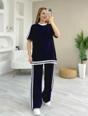 Kadın Kısa Kollu Bisiklet Yaka çift Renk şerit Detaylı Viskon Iki Iplik Bluz Ve Pantolon Ikili Takım - 1