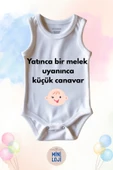 Yatınca Bir Melek Uyanınca Küçük Canavar Yazılı Özel Tasarım Bebek Zıbın Body %100 Pamuklu, Unisex - 1