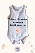 Yatınca Bir Melek Uyanınca Küçük Canavar Yazılı Özel Tasarım Bebek Zıbın Body %100 Pamuklu, Unisex - 2