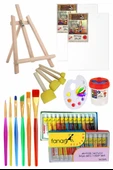 Mini Şövale 25x35 2 li Tuval Fanart 12 Renk Akrilik Boya Başlangıç Seti Fırça Palet Ponpon Su Kabı Masaüstü Sanatsal - 1