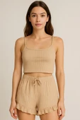 Crop Takım - Askılı Crop Takım Likralı Bej (XL) (7474) - 5