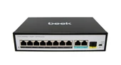 Beek Yönetilemeyen PoE+ Switch<br>
8 x 10/100BASE-T IEEE802.3af/at PoE+ port (Port başına 30.8 watt) (PoE Güç Bütçesi maks. 120 Watt)<br>
2 x 10/100/1000BASE-T port (combo)<br>
1 x 1 - 1