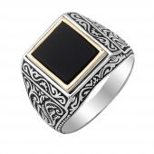 Siyah Onisk Taşlı Desenli Gümüş Erkek Yüzük thumbnail 3